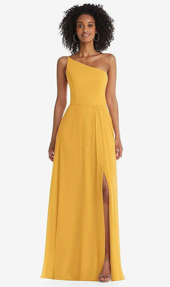 Front View - NYC Yellow One-Shoulder Chiffon Maxi Dress with Shirred Front Slit