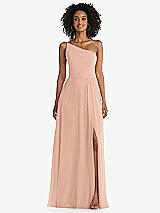 Front View Thumbnail - Pale Peach One-Shoulder Chiffon Maxi Dress with Shirred Front Slit