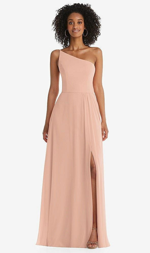 Front View - Pale Peach One-Shoulder Chiffon Maxi Dress with Shirred Front Slit