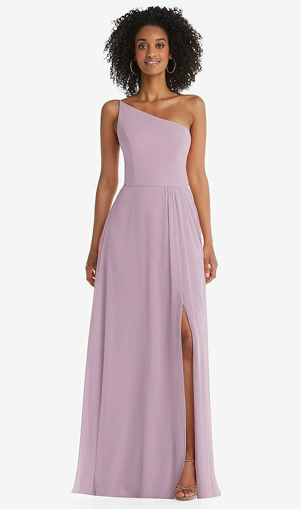 Front View - Suede Rose One-Shoulder Chiffon Maxi Dress with Shirred Front Slit