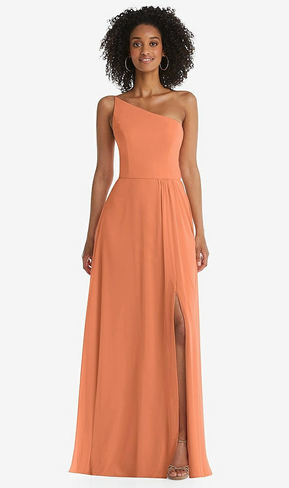 Front View - Sweet Melon One-Shoulder Chiffon Maxi Dress with Shirred Front Slit