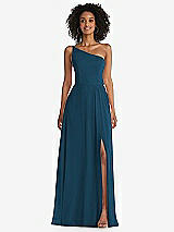 Front View Thumbnail - Atlantic Blue One-Shoulder Chiffon Maxi Dress with Shirred Front Slit