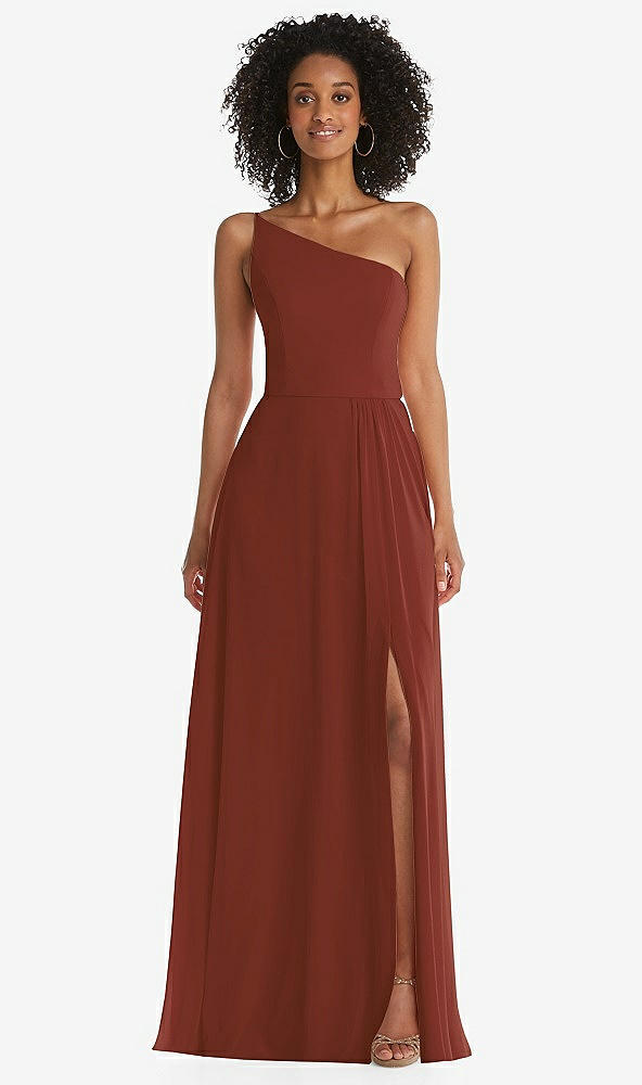 Front View - Auburn Moon One-Shoulder Chiffon Maxi Dress with Shirred Front Slit