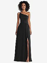 Front View Thumbnail - Black One-Shoulder Chiffon Maxi Dress with Shirred Front Slit