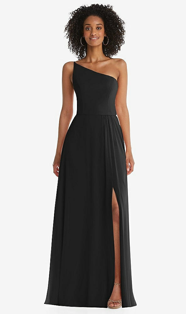 Front View - Black One-Shoulder Chiffon Maxi Dress with Shirred Front Slit