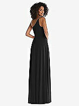 Rear View Thumbnail - Black One-Shoulder Chiffon Maxi Dress with Shirred Front Slit