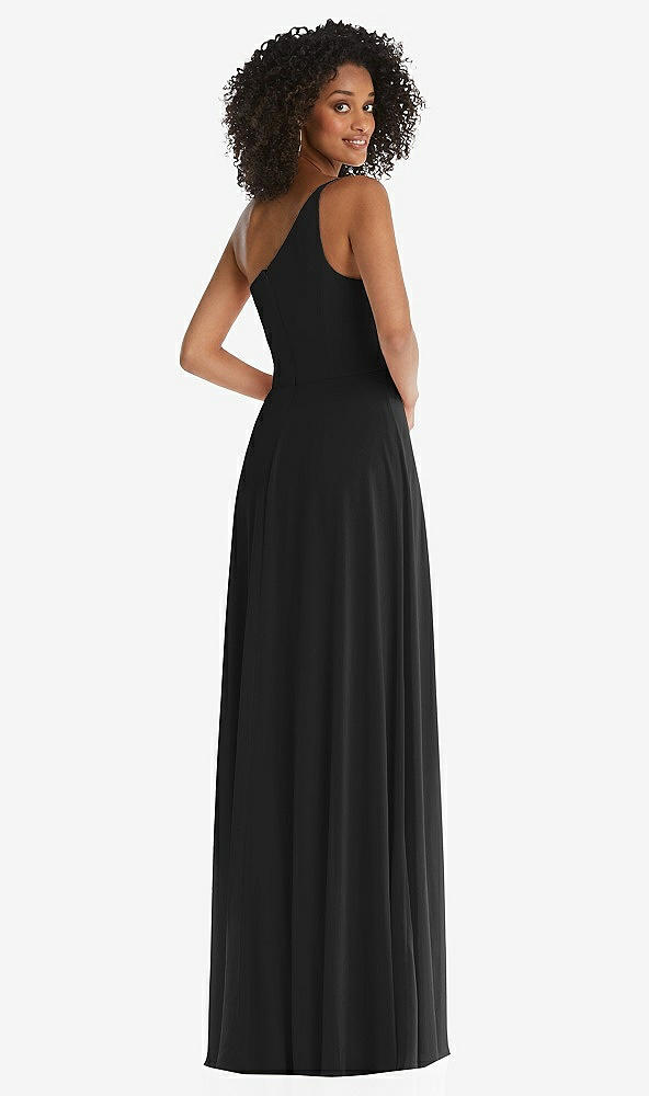 Back View - Black One-Shoulder Chiffon Maxi Dress with Shirred Front Slit