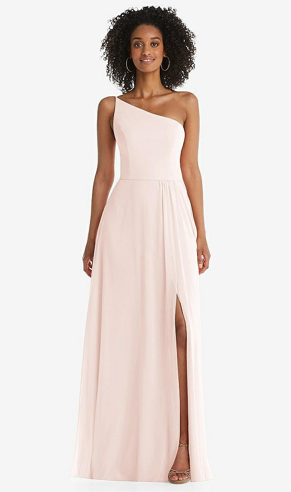 Front View - Blush One-Shoulder Chiffon Maxi Dress with Shirred Front Slit