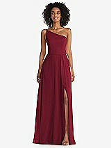 Front View Thumbnail - Burgundy One-Shoulder Chiffon Maxi Dress with Shirred Front Slit