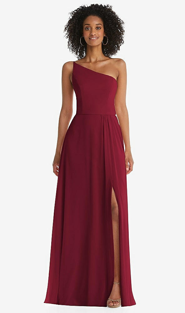 Front View - Burgundy One-Shoulder Chiffon Maxi Dress with Shirred Front Slit