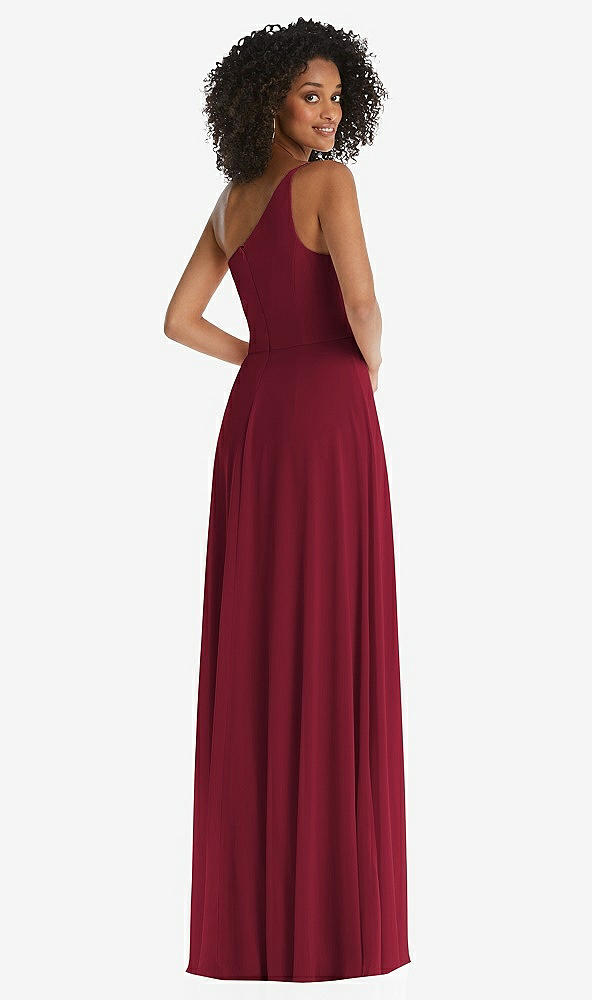 Back View - Burgundy One-Shoulder Chiffon Maxi Dress with Shirred Front Slit