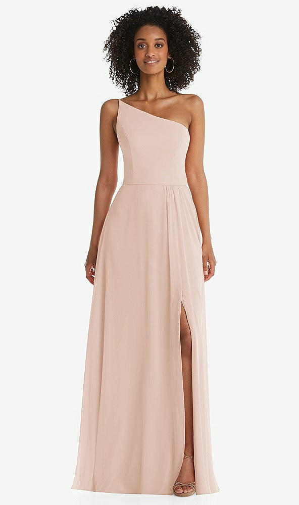 Front View - Cameo One-Shoulder Chiffon Maxi Dress with Shirred Front Slit