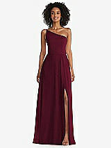 Front View Thumbnail - Cabernet One-Shoulder Chiffon Maxi Dress with Shirred Front Slit