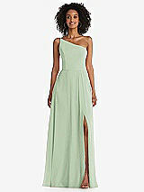 Front View Thumbnail - Celadon One-Shoulder Chiffon Maxi Dress with Shirred Front Slit