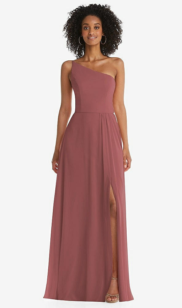Front View - English Rose One-Shoulder Chiffon Maxi Dress with Shirred Front Slit