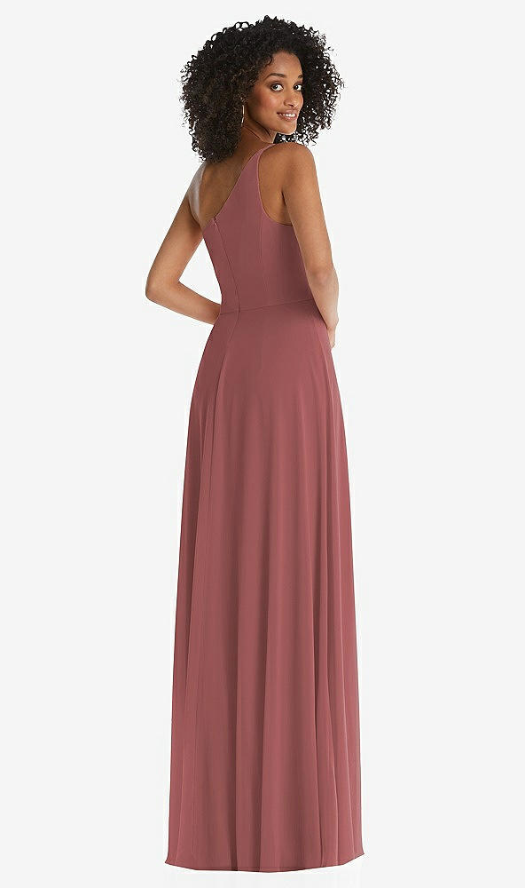 Back View - English Rose One-Shoulder Chiffon Maxi Dress with Shirred Front Slit