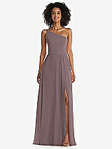 Front View Thumbnail - French Truffle One-Shoulder Chiffon Maxi Dress with Shirred Front Slit