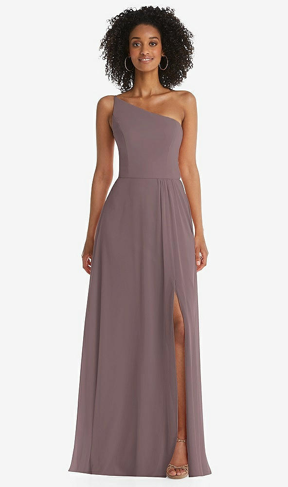 Front View - French Truffle One-Shoulder Chiffon Maxi Dress with Shirred Front Slit