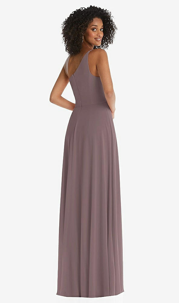 Back View - French Truffle One-Shoulder Chiffon Maxi Dress with Shirred Front Slit