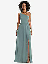 Front View Thumbnail - Icelandic One-Shoulder Chiffon Maxi Dress with Shirred Front Slit