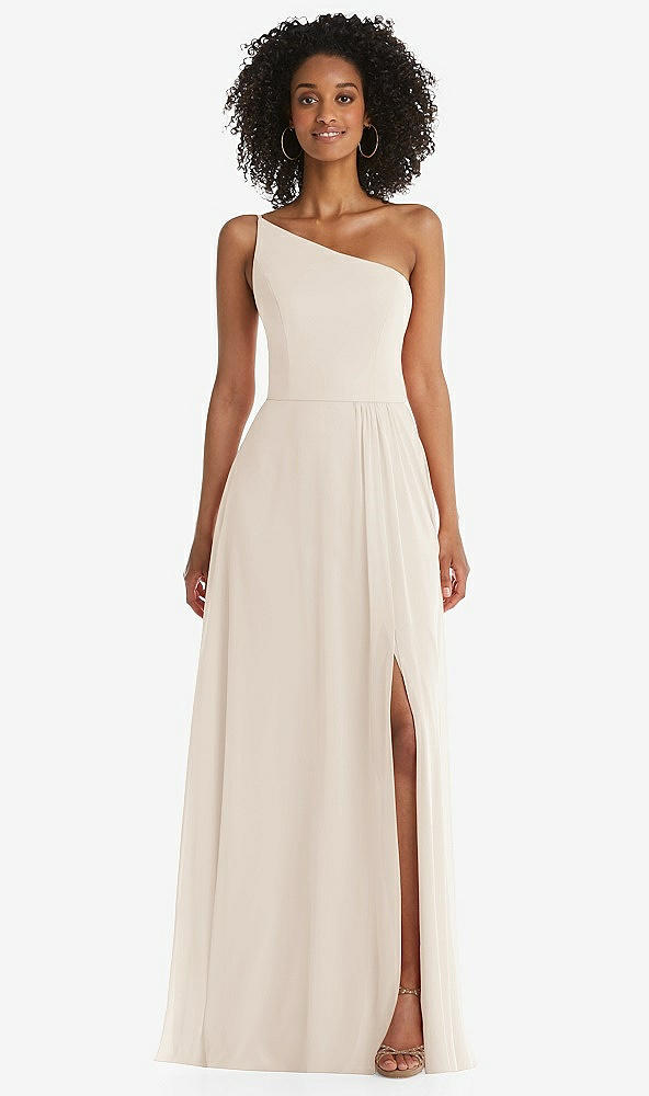 Front View - Oat One-Shoulder Chiffon Maxi Dress with Shirred Front Slit