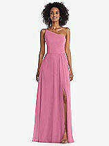 Front View Thumbnail - Orchid Pink One-Shoulder Chiffon Maxi Dress with Shirred Front Slit