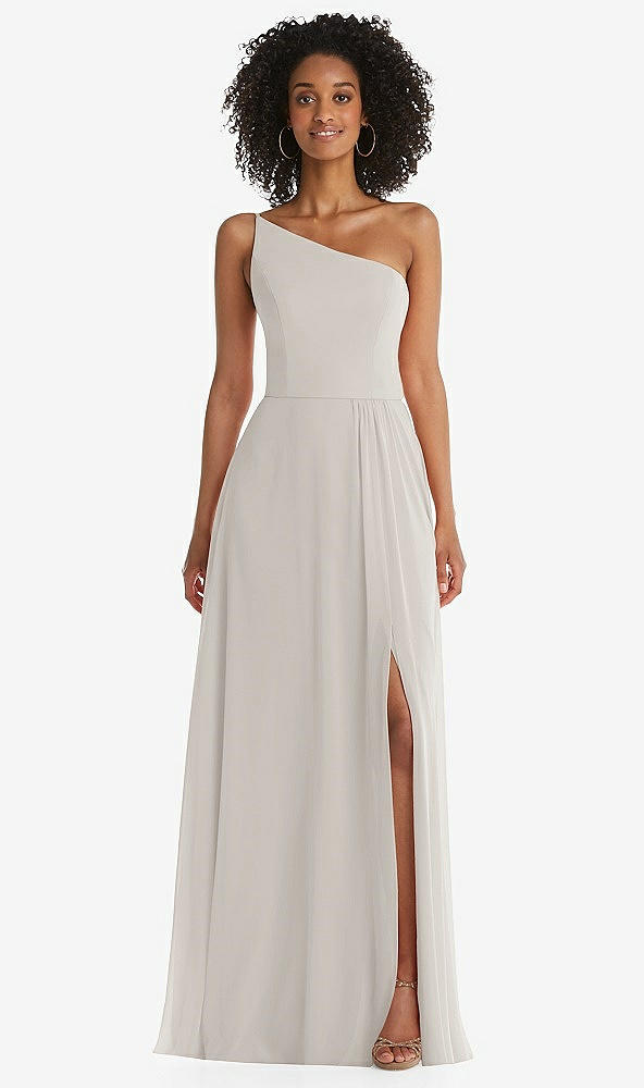 Front View - Oyster One-Shoulder Chiffon Maxi Dress with Shirred Front Slit
