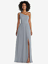 Front View Thumbnail - Platinum One-Shoulder Chiffon Maxi Dress with Shirred Front Slit