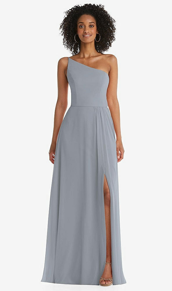 Front View - Platinum One-Shoulder Chiffon Maxi Dress with Shirred Front Slit