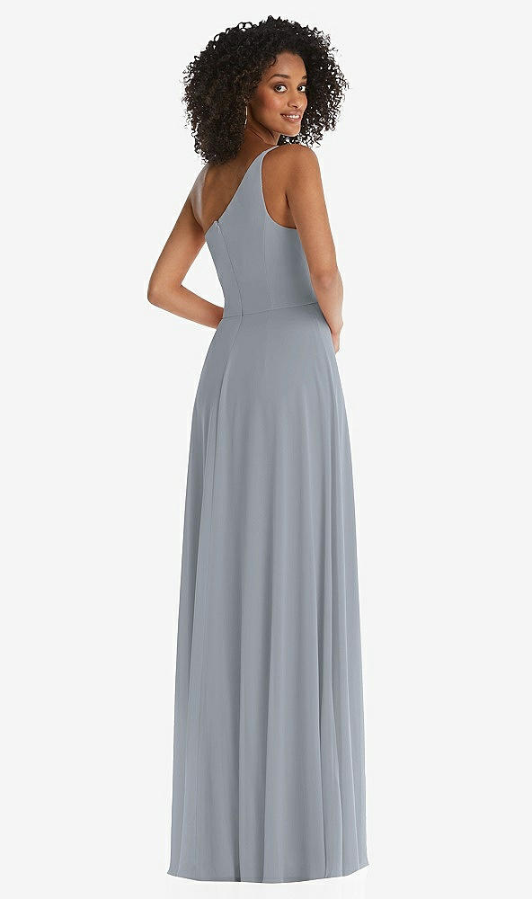 Back View - Platinum One-Shoulder Chiffon Maxi Dress with Shirred Front Slit
