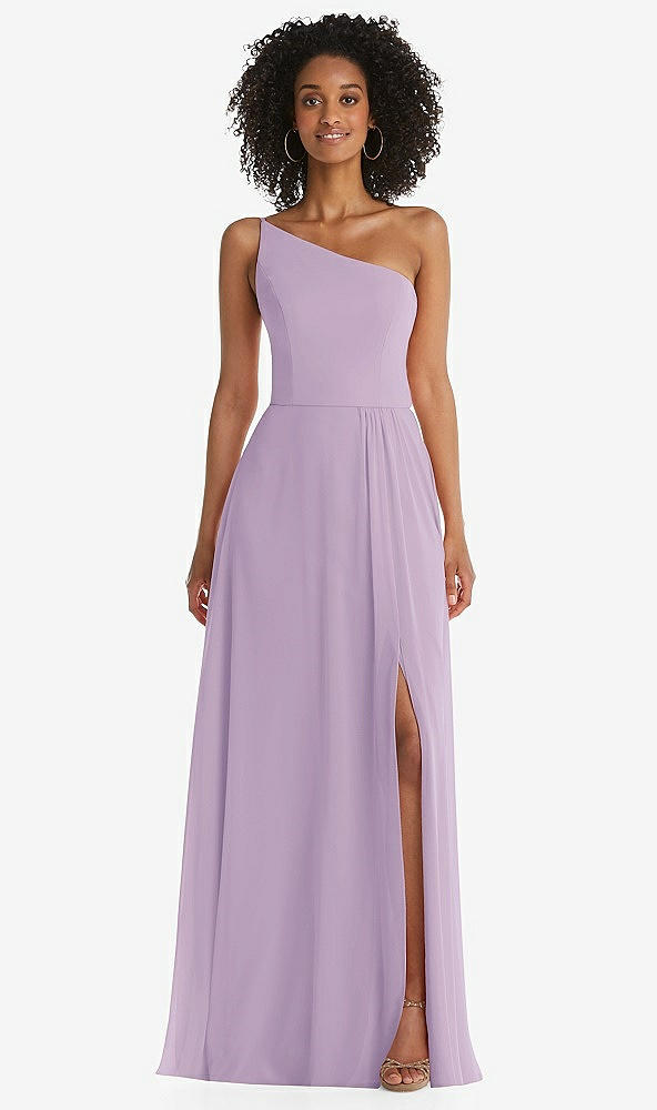 Front View - Pale Purple One-Shoulder Chiffon Maxi Dress with Shirred Front Slit