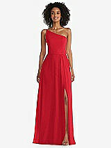 Front View Thumbnail - Parisian Red One-Shoulder Chiffon Maxi Dress with Shirred Front Slit