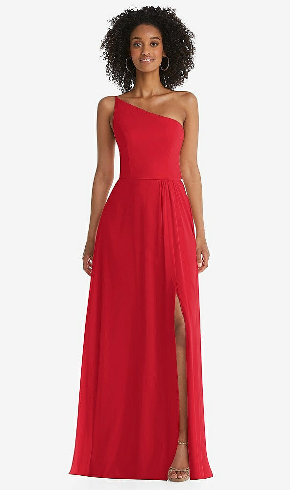 Front View - Parisian Red One-Shoulder Chiffon Maxi Dress with Shirred Front Slit