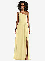 Front View Thumbnail - Pale Yellow One-Shoulder Chiffon Maxi Dress with Shirred Front Slit