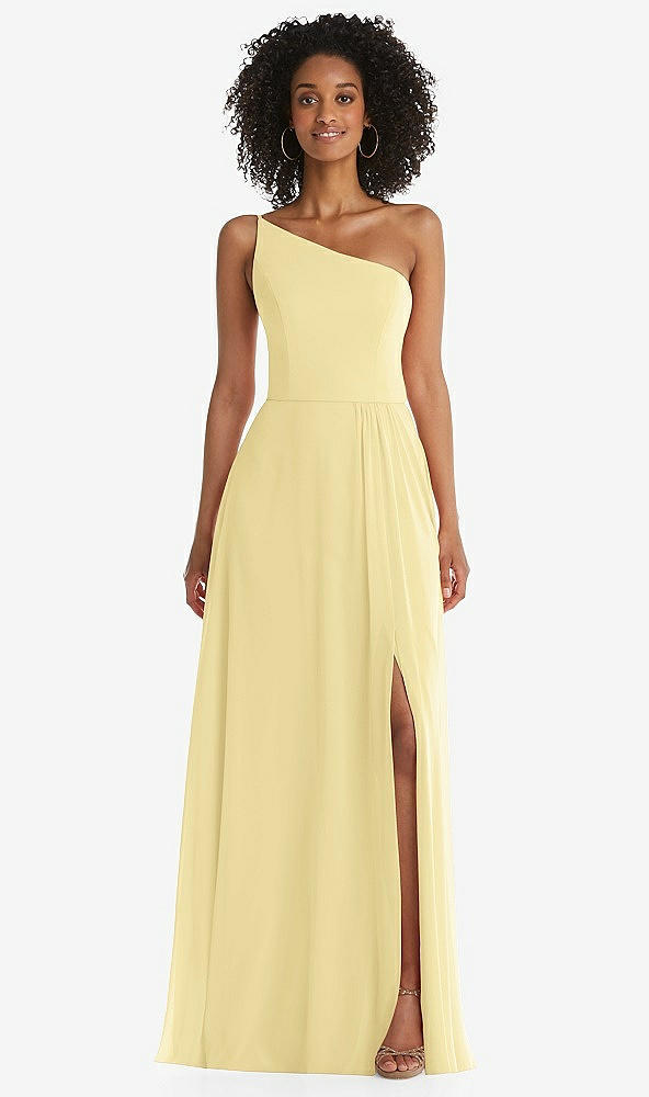 Front View - Pale Yellow One-Shoulder Chiffon Maxi Dress with Shirred Front Slit
