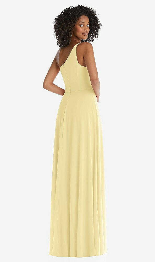Back View - Pale Yellow One-Shoulder Chiffon Maxi Dress with Shirred Front Slit
