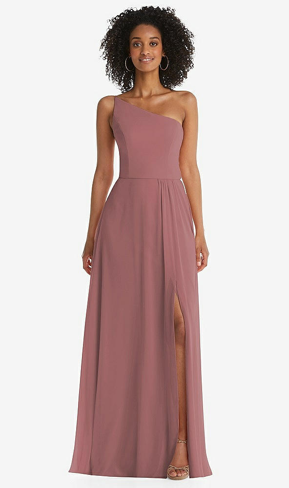 Front View - Rosewood One-Shoulder Chiffon Maxi Dress with Shirred Front Slit