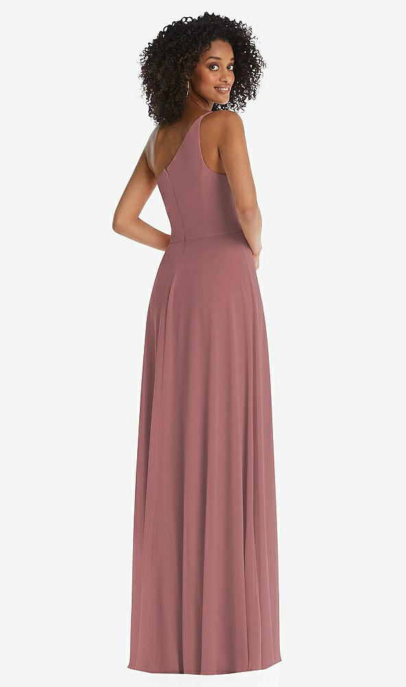 Back View - Rosewood One-Shoulder Chiffon Maxi Dress with Shirred Front Slit