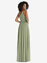 Rear View Thumbnail - Sage One-Shoulder Chiffon Maxi Dress with Shirred Front Slit