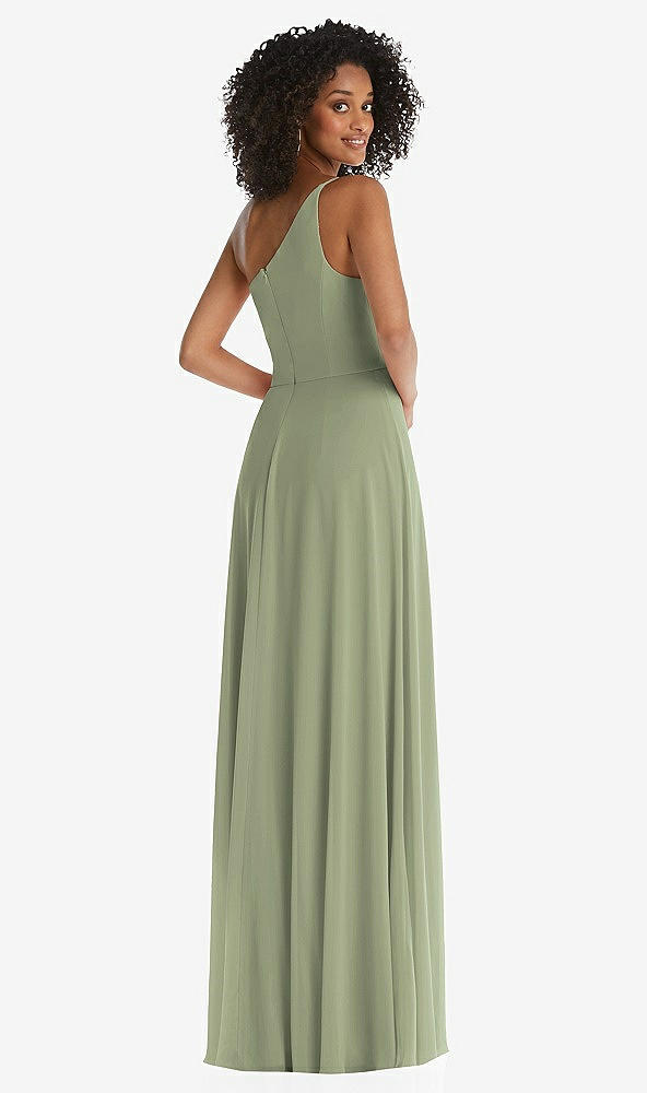 Back View - Sage One-Shoulder Chiffon Maxi Dress with Shirred Front Slit