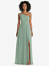 Front View Thumbnail - Seagrass One-Shoulder Chiffon Maxi Dress with Shirred Front Slit