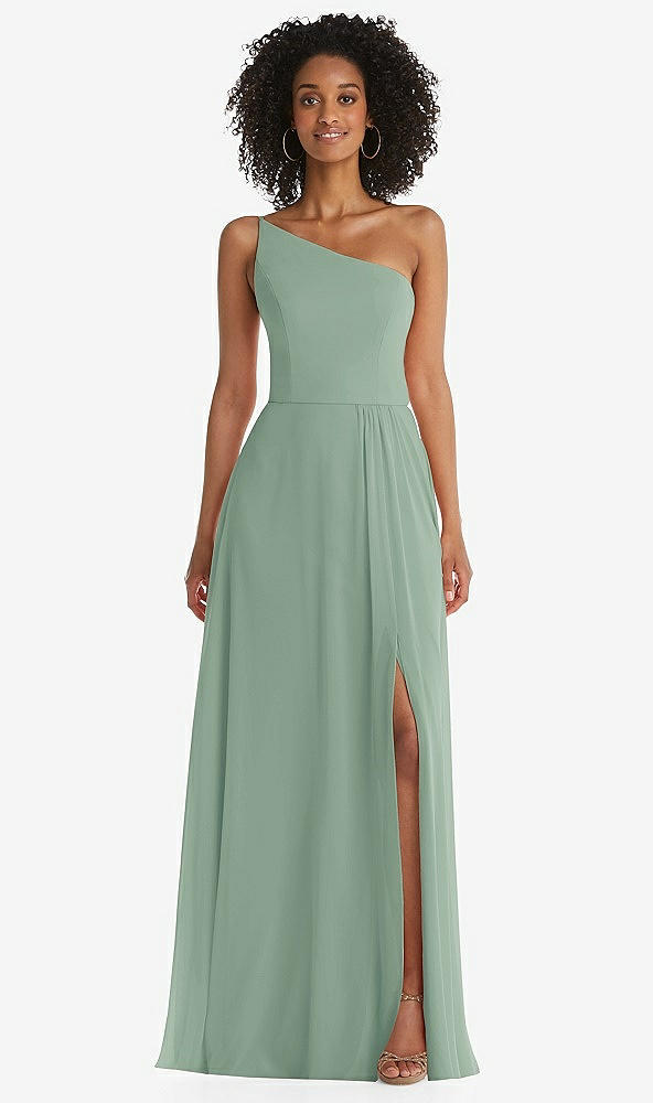 Front View - Seagrass One-Shoulder Chiffon Maxi Dress with Shirred Front Slit