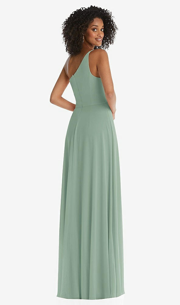 Back View - Seagrass One-Shoulder Chiffon Maxi Dress with Shirred Front Slit