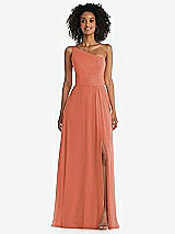 Front View Thumbnail - Terracotta Copper One-Shoulder Chiffon Maxi Dress with Shirred Front Slit