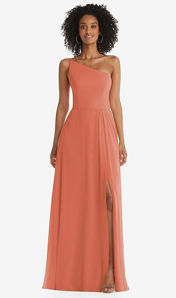 Front View - Terracotta Copper One-Shoulder Chiffon Maxi Dress with Shirred Front Slit
