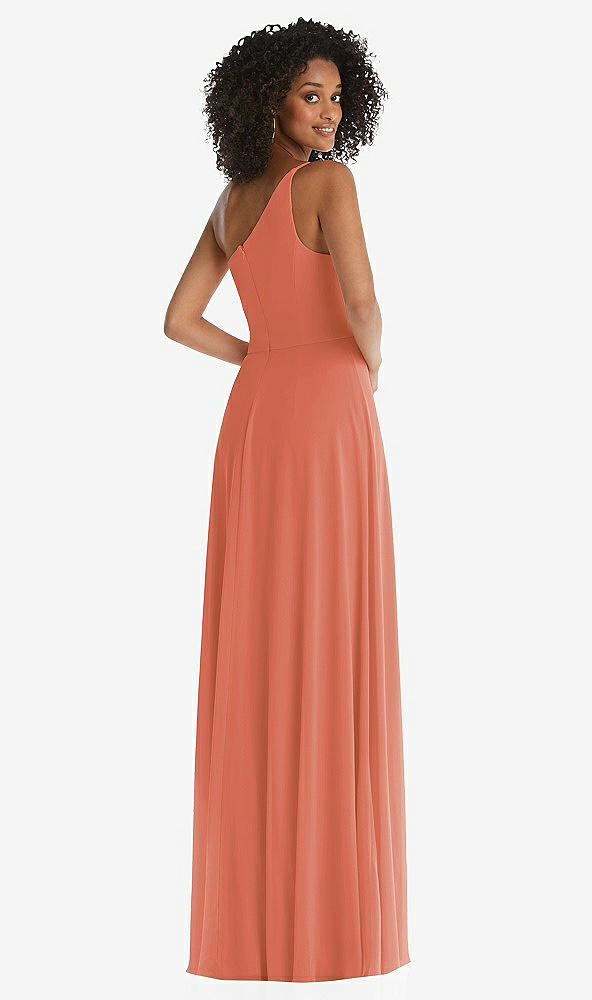 Back View - Terracotta Copper One-Shoulder Chiffon Maxi Dress with Shirred Front Slit