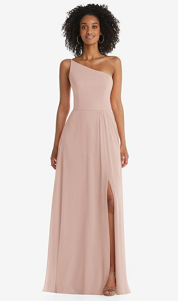 Front View - Toasted Sugar One-Shoulder Chiffon Maxi Dress with Shirred Front Slit
