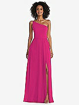 Front View Thumbnail - Think Pink One-Shoulder Chiffon Maxi Dress with Shirred Front Slit