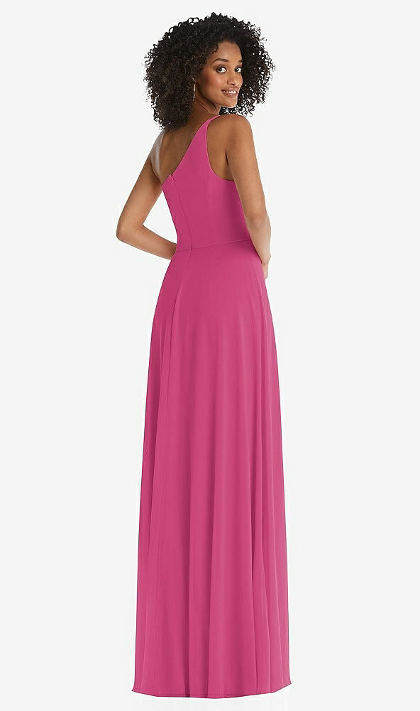 Back View - Tea Rose One-Shoulder Chiffon Maxi Dress with Shirred Front Slit