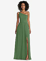 Front View Thumbnail - Vineyard Green One-Shoulder Chiffon Maxi Dress with Shirred Front Slit
